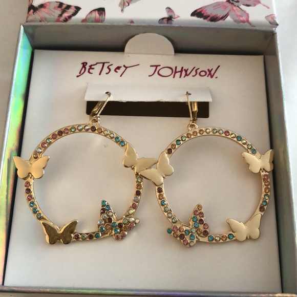 Betsey Johnson Gold Tone Gypsy Hoop Earrings Butterfly & Pastel Crystal Accents - Picture 6 of 12